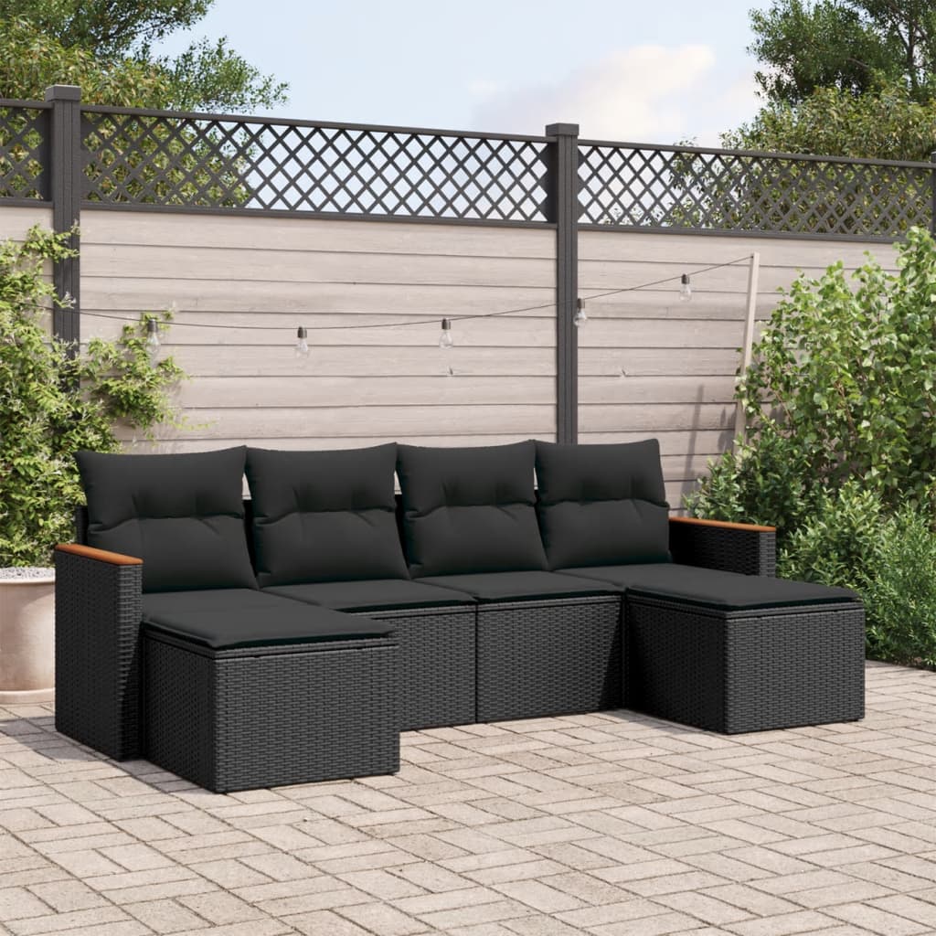 6 pcs conjunto sofás de jardim c/ almofadões vime PE preto