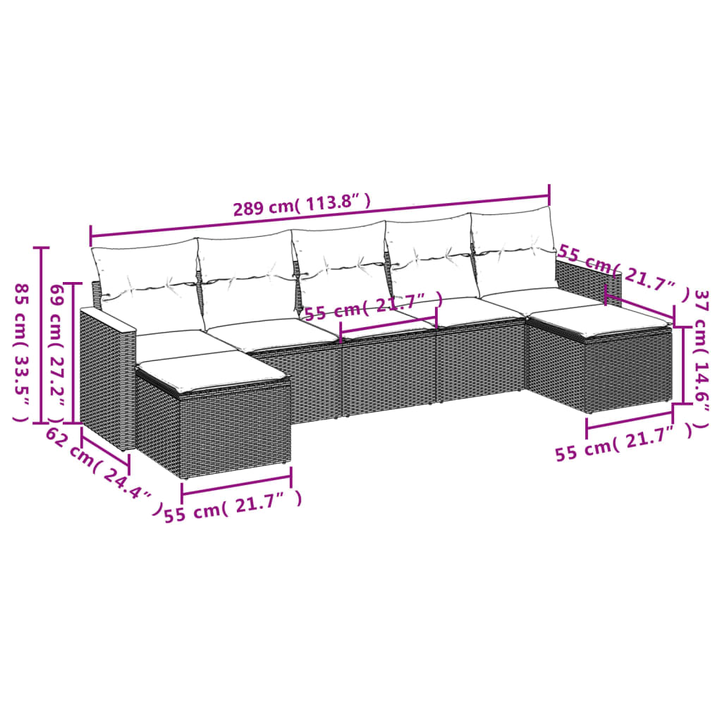 7 pcs conjunto de sofás p/ jardim c/ almofadões vime PE preto