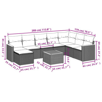 9 pcs conjunto sofás p/ jardim com almofadões vime PE cinzento