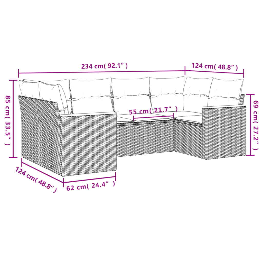 6 pcs conjunto de sofás p/ jardim com almofadões vime PE bege