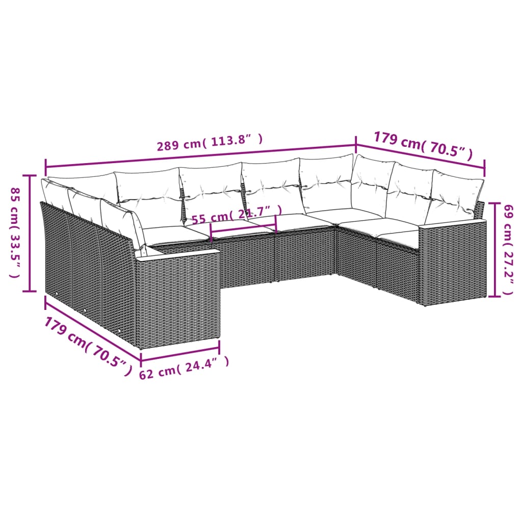 9 pcs conjunto sofás p/ jardim com almofadões vime PE cinzento