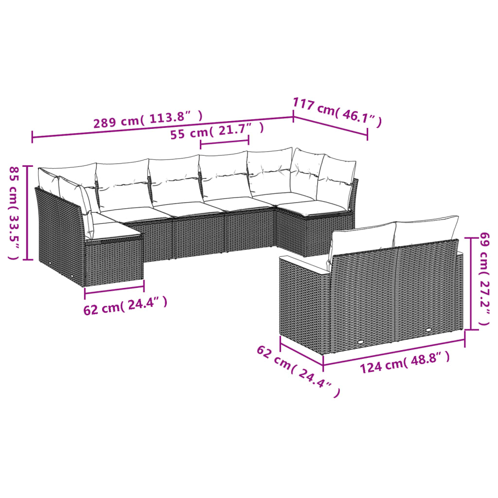 9 pcs conjunto de sofás p/ jardim com almofadões vime PE bege