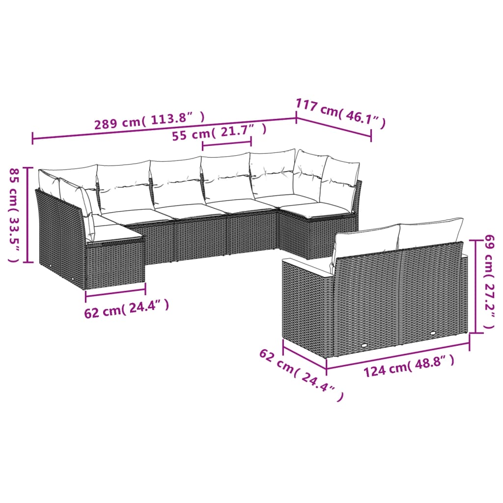 9 pcs conjunto sofás p/ jardim com almofadões vime PE cinzento