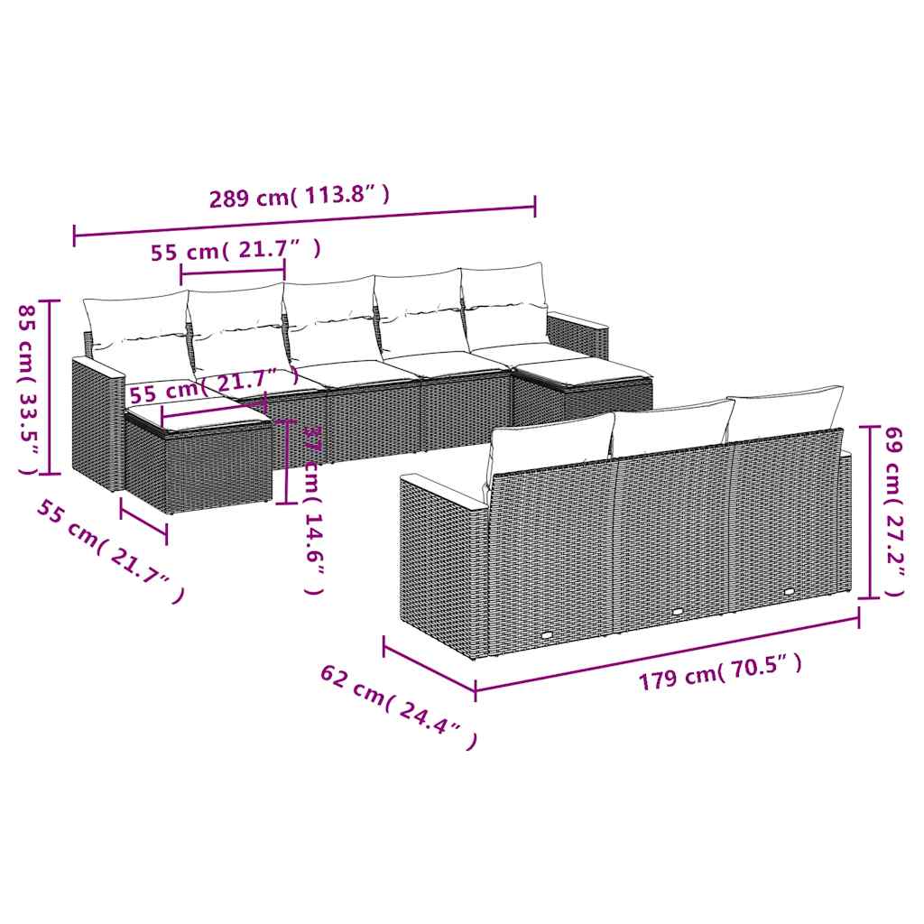 10 pcs conjunto sofás de jardim c/ almofadões vime PE preto