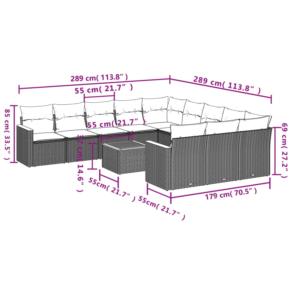 12 pcs conjunto de sofás jardim c/ almofadões vime PE cinzento