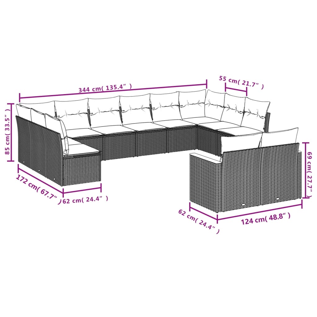 12 pcs conjunto de sofás de jardim c/ almofadões vime PE preto