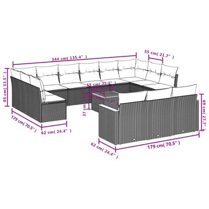 14 pcs conjunto sofás p/ jardim c/ almofadões vime PE cinzento