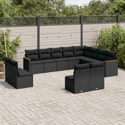 12 pcs conjunto de sofás de jardim c/ almofadões vime PE preto