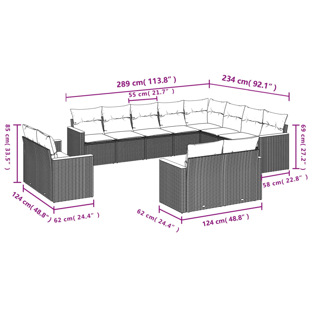 12 pcs conjunto de sofás jardim c/ almofadões vime PE cinzento