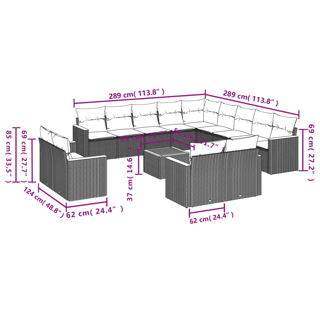 14 pcs conjunto de sofás p/ jardim c/ almofadões vime PE preto