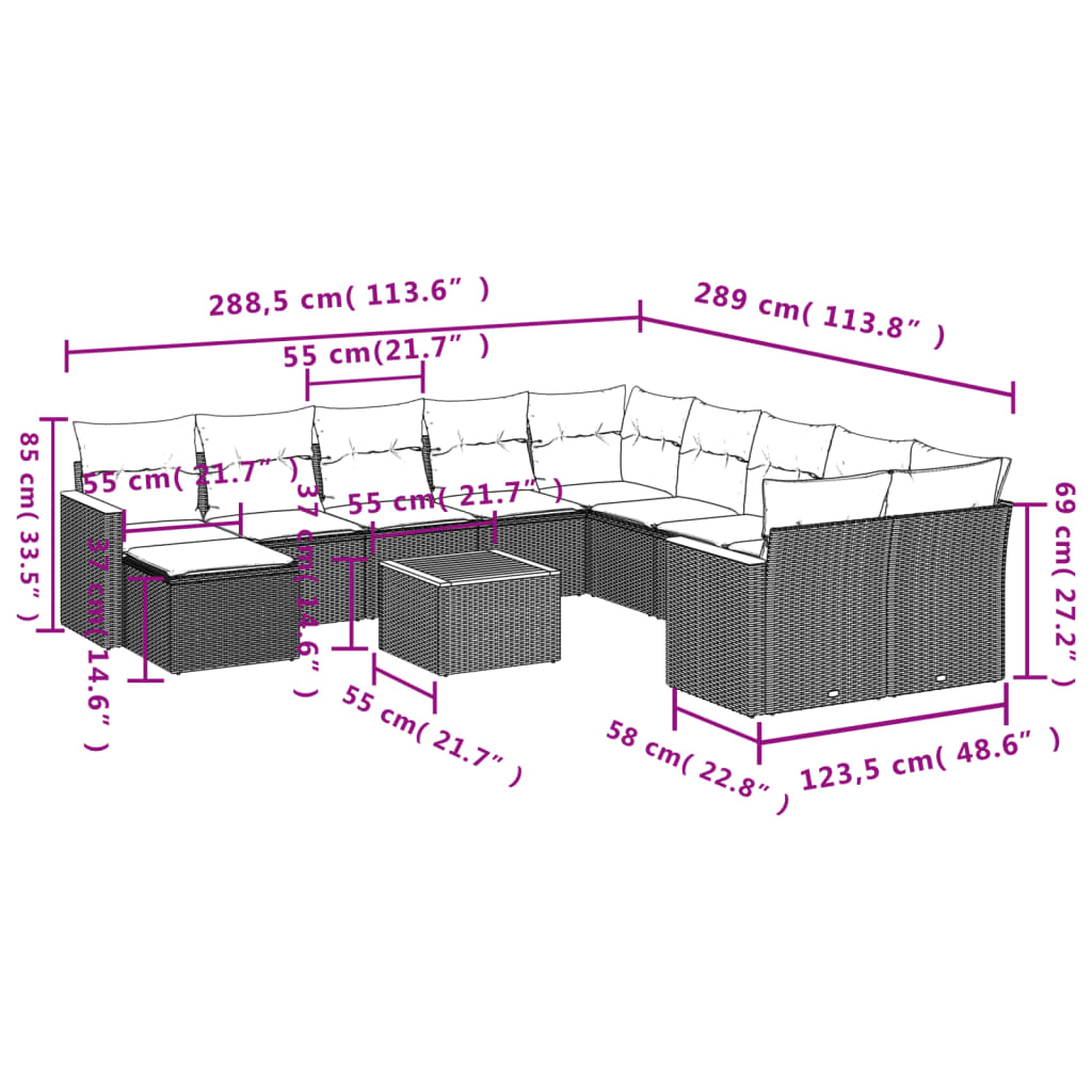 12 pcs conjunto de sofás de jardim c/ almofadões vime PE preto