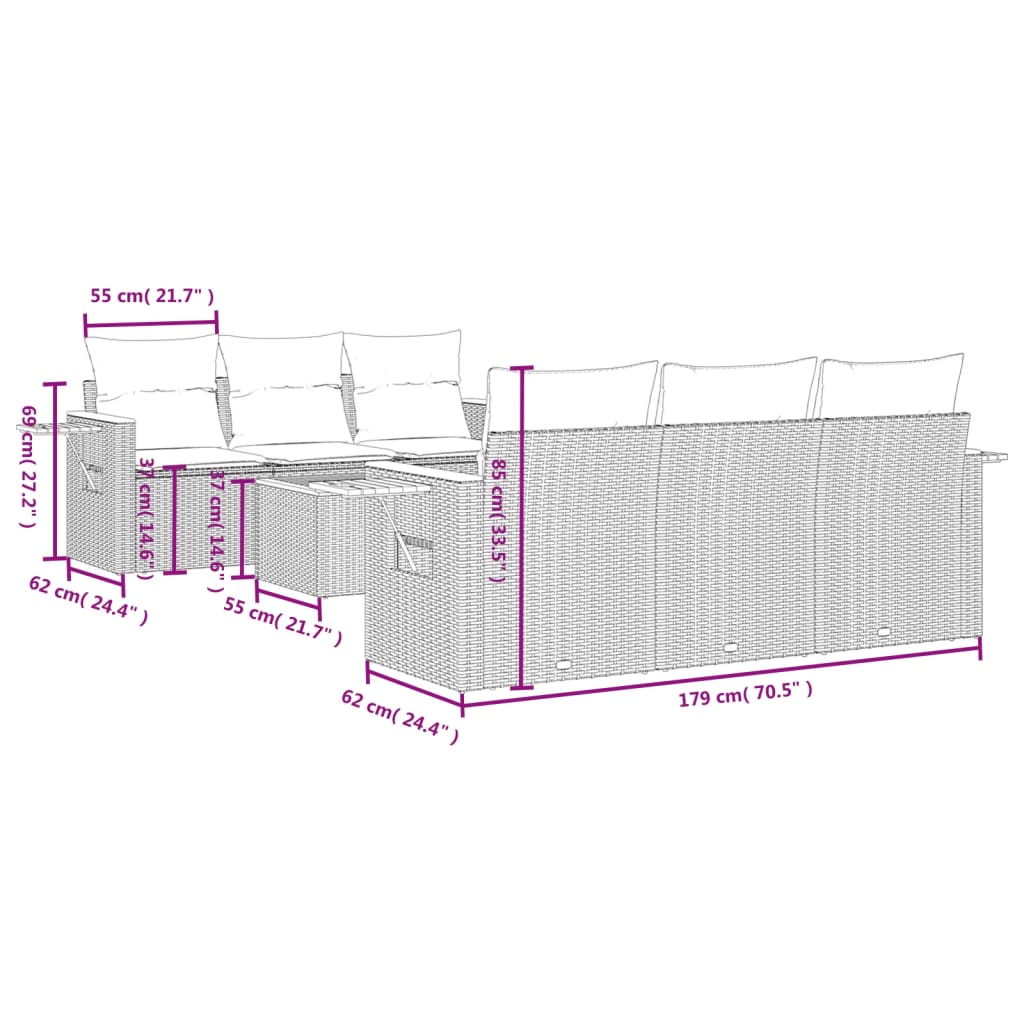 7 pcs conjunto sofás p/ jardim c/ almofadões vime PE cinzento