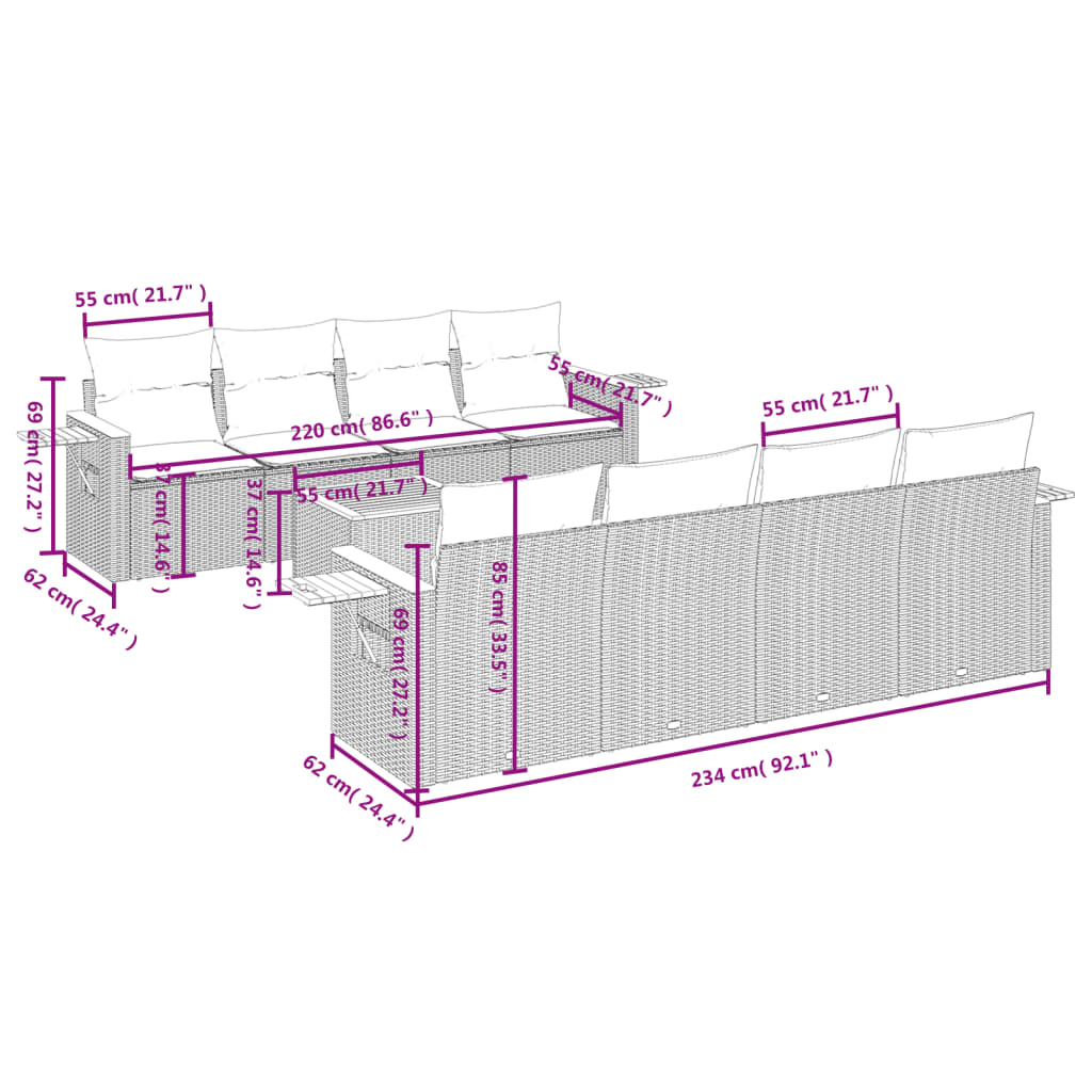 9 pcs conjunto de sofás p/ jardim c/ almofadões vime PE preto