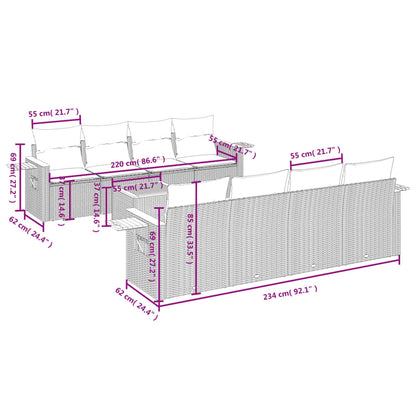 9 pcs conjunto sofás p/ jardim com almofadões vime PE cinzento