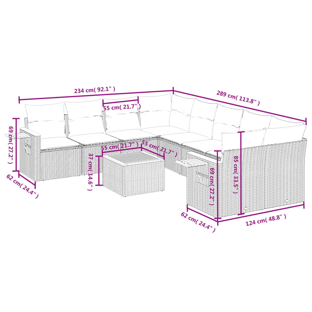 9 pcs conjunto de sofás p/ jardim c/ almofadões vime PE preto