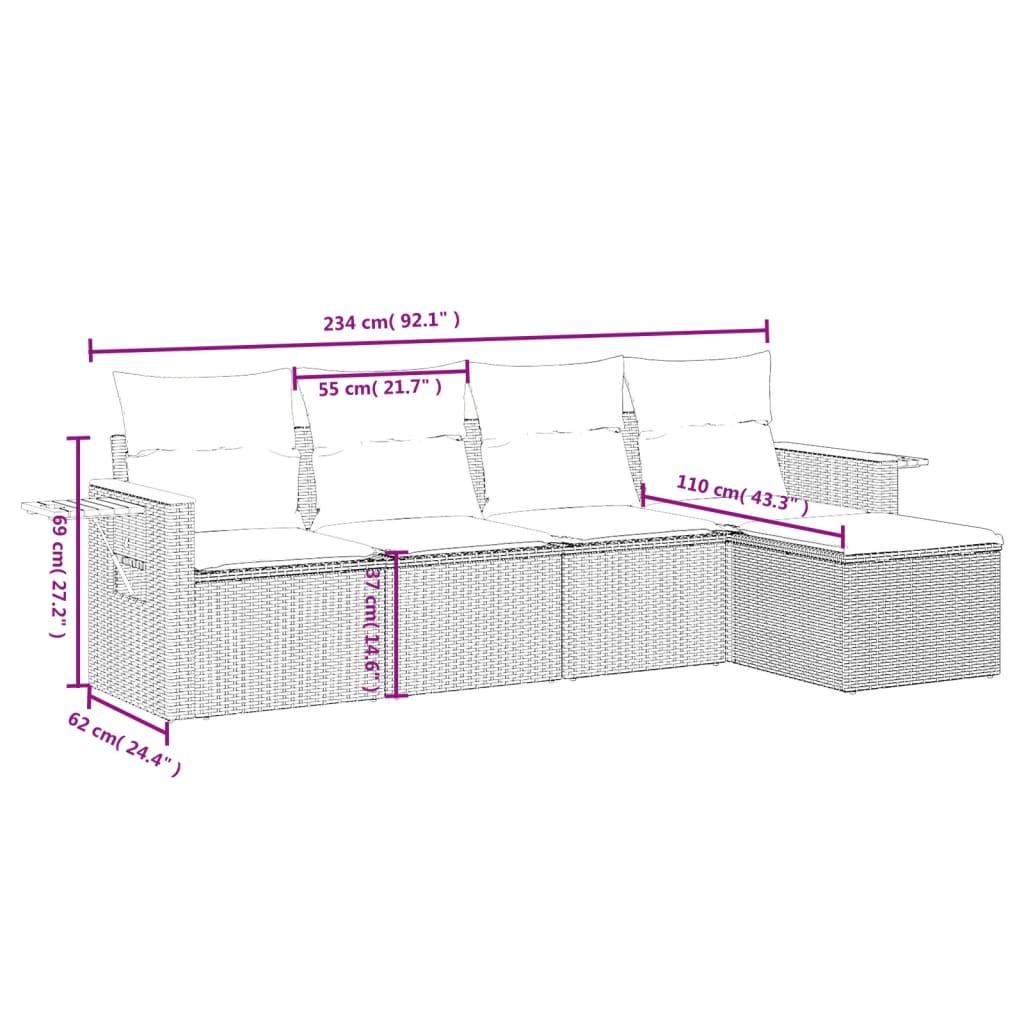 5 pcs conjunto de sofás p/ jardim com almofadões vime PE bege