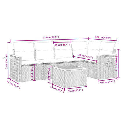 6 pcs conjunto sofás de jardim c/ almofadões vime PE preto