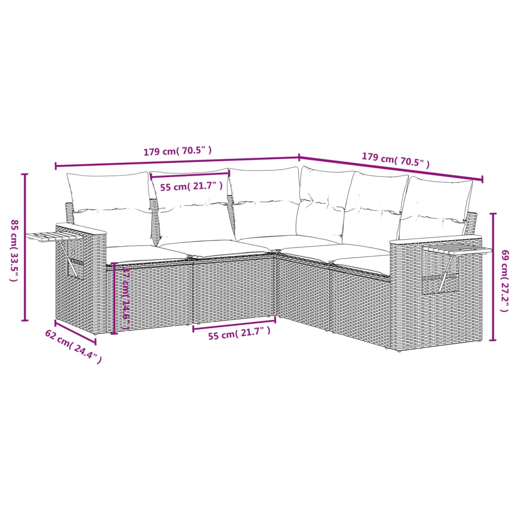 5 pcs conjunto de sofás p/ jardim com almofadões vime PE bege