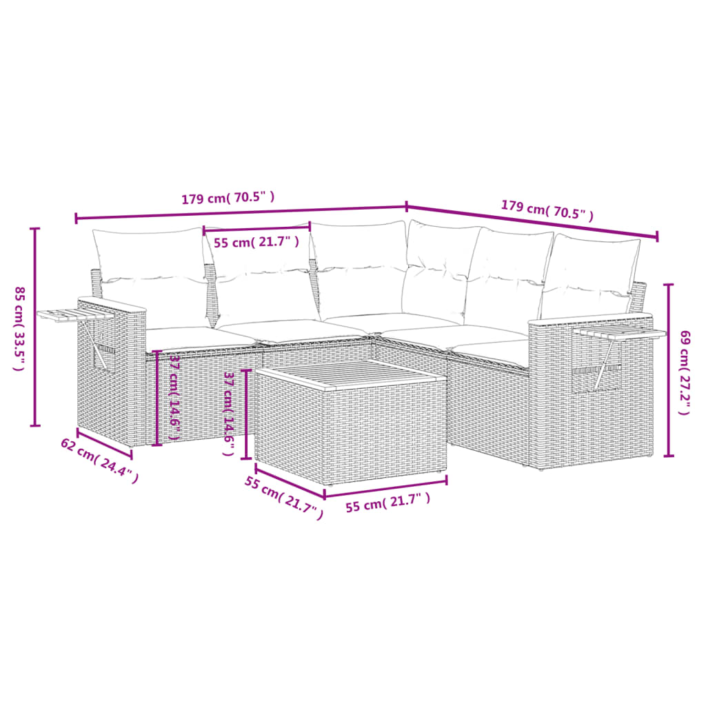 6 pcs conjunto sofás de jardim c/ almofadões vime PE preto