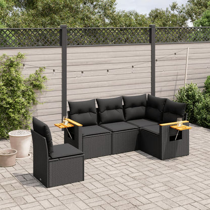 5 pcs conjunto sofás de jardim com almofadões vime PE preto