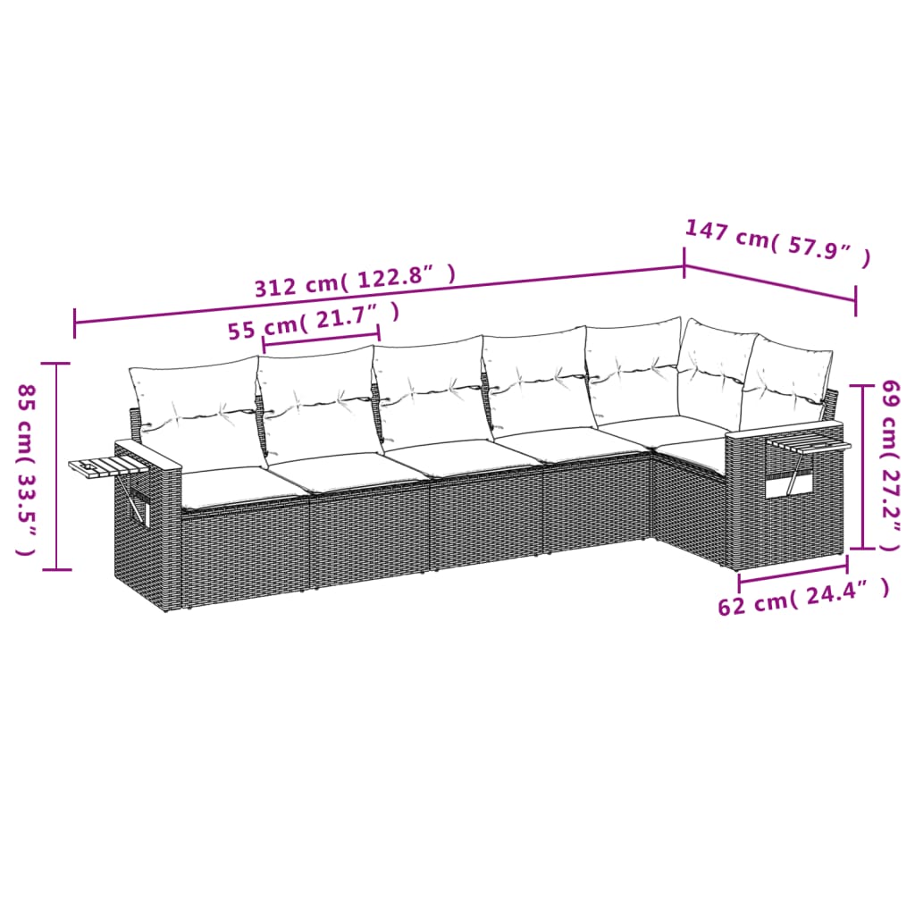 6 pcs conjunto de sofás p/ jardim com almofadões vime PE bege