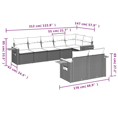 8 pcs conjunto sofás de jardim com almofadões vime PE preto