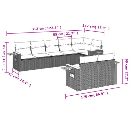 8 pcs conjunto de sofás p/ jardim com almofadões vime PE bege