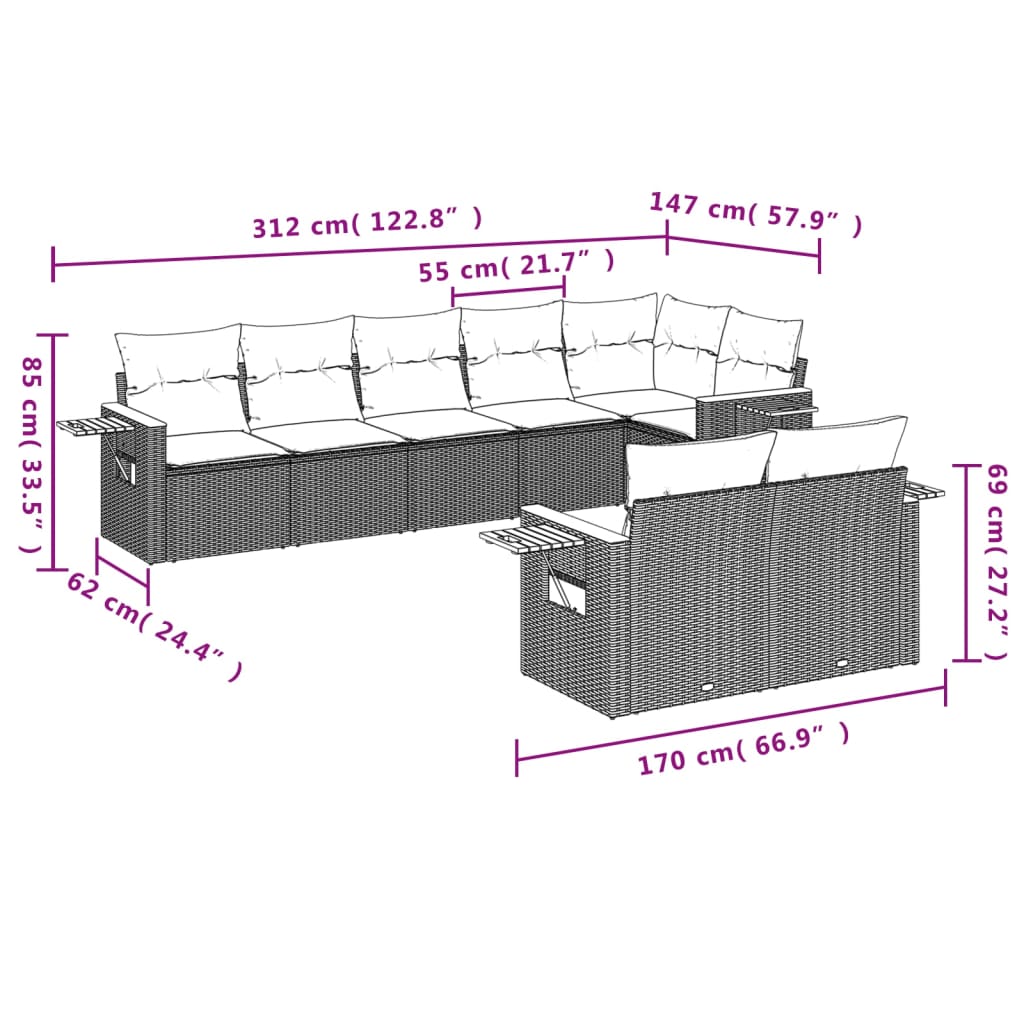 8 pcs conjunto sofás de jardim c/ almofadões vime PE cinzento