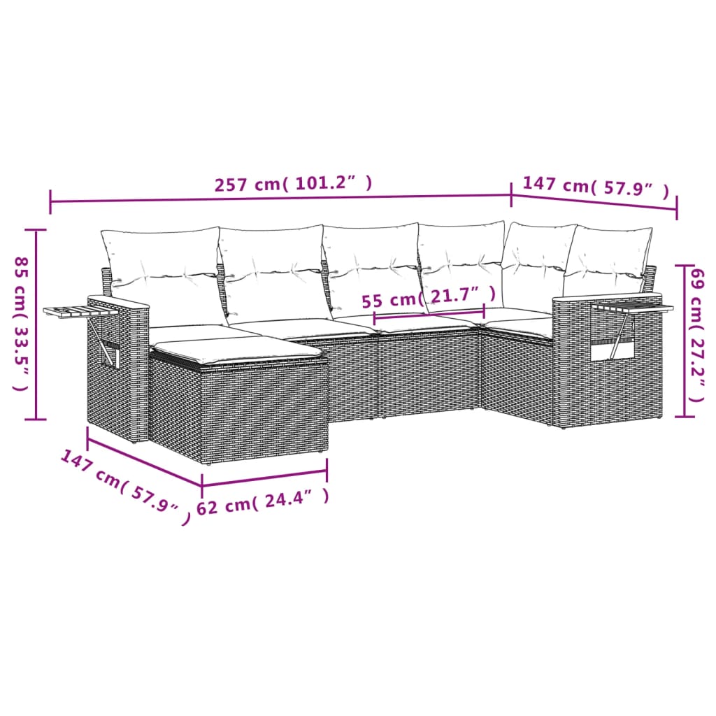 6 pcs conjunto sofás de jardim com almofadões vime cinzento