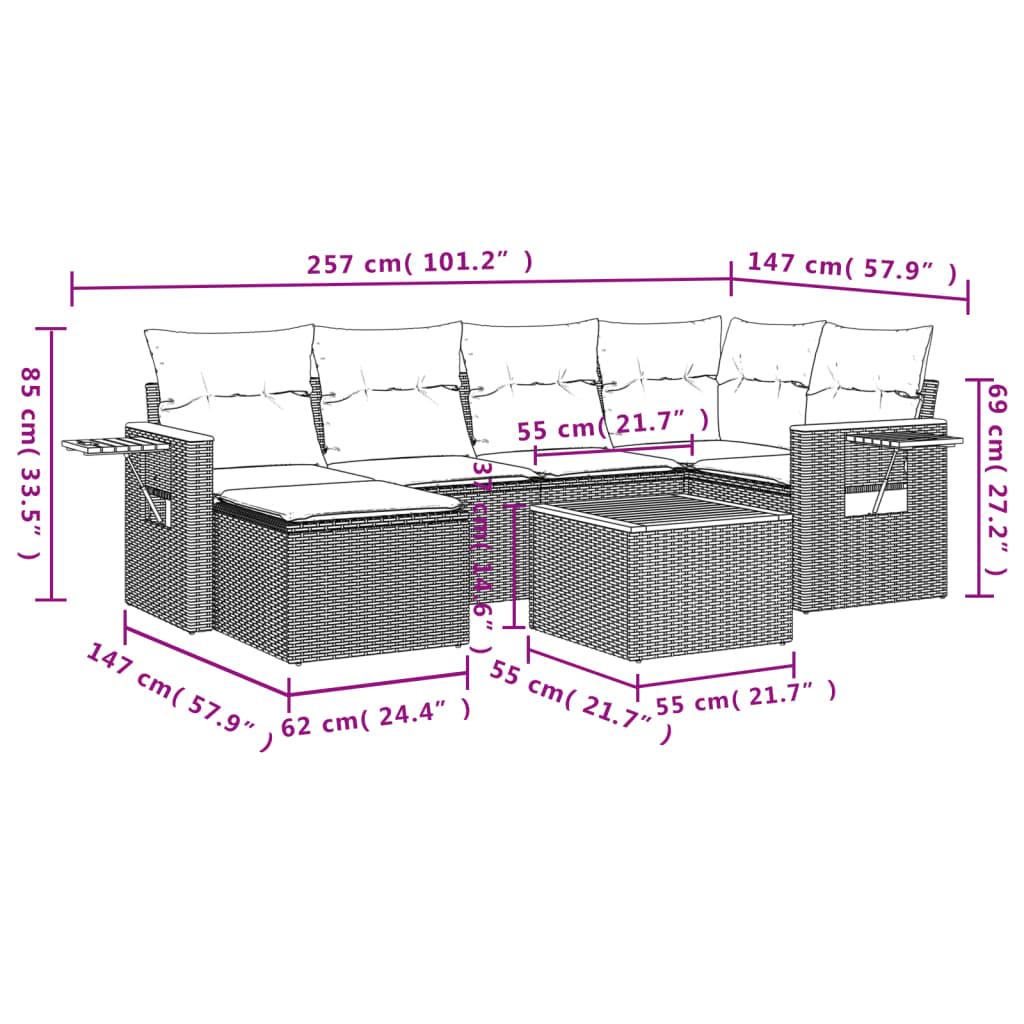 7 pcs conjunto de sofás p/ jardim c/ almofadões vime PE preto