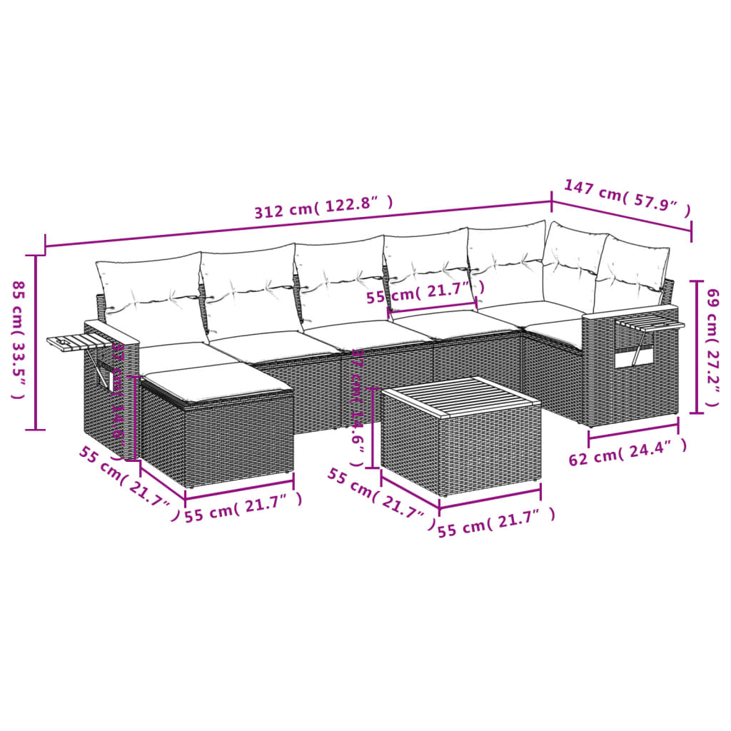 8 pcs conjunto sofás de jardim c/ almofadões vime PE cinzento