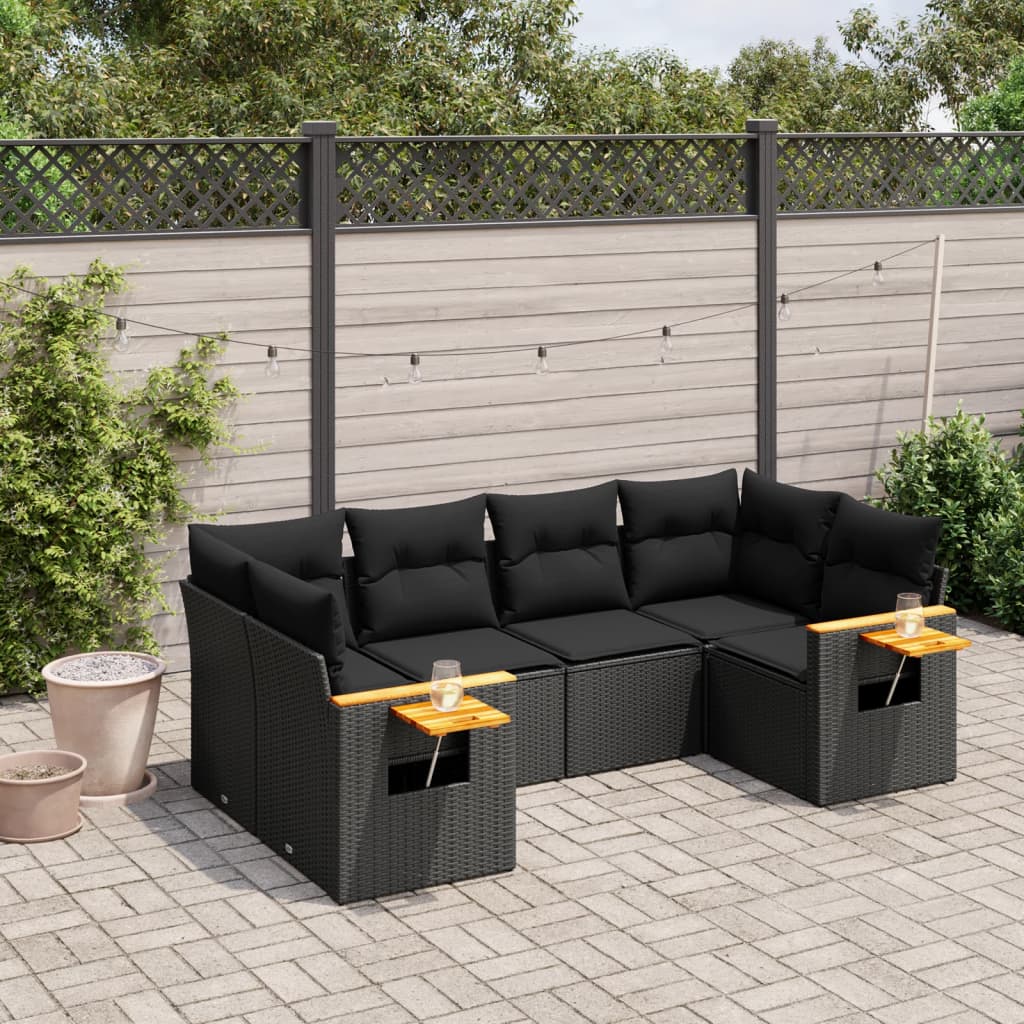 6 pcs conjunto sofás de jardim c/ almofadões vime PE preto