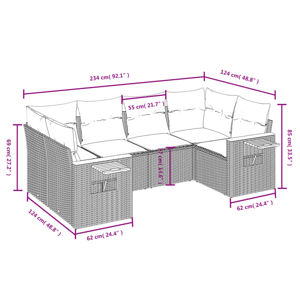 6 pcs conjunto sofás de jardim com almofadões vime cinzento