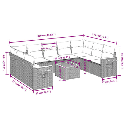 10 pcs conjunto sofás de jardim c/ almofadões vime PE preto