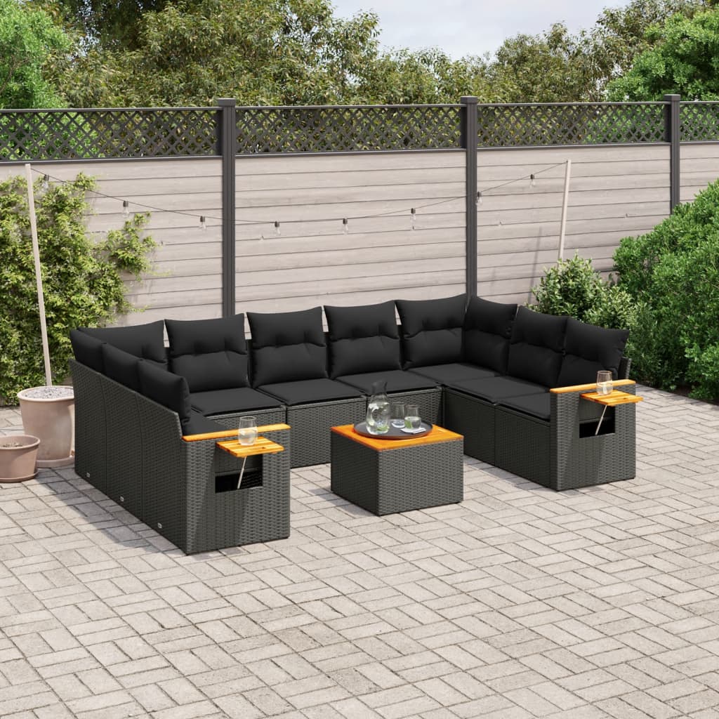 10 pcs conjunto sofás de jardim c/ almofadões vime PE preto