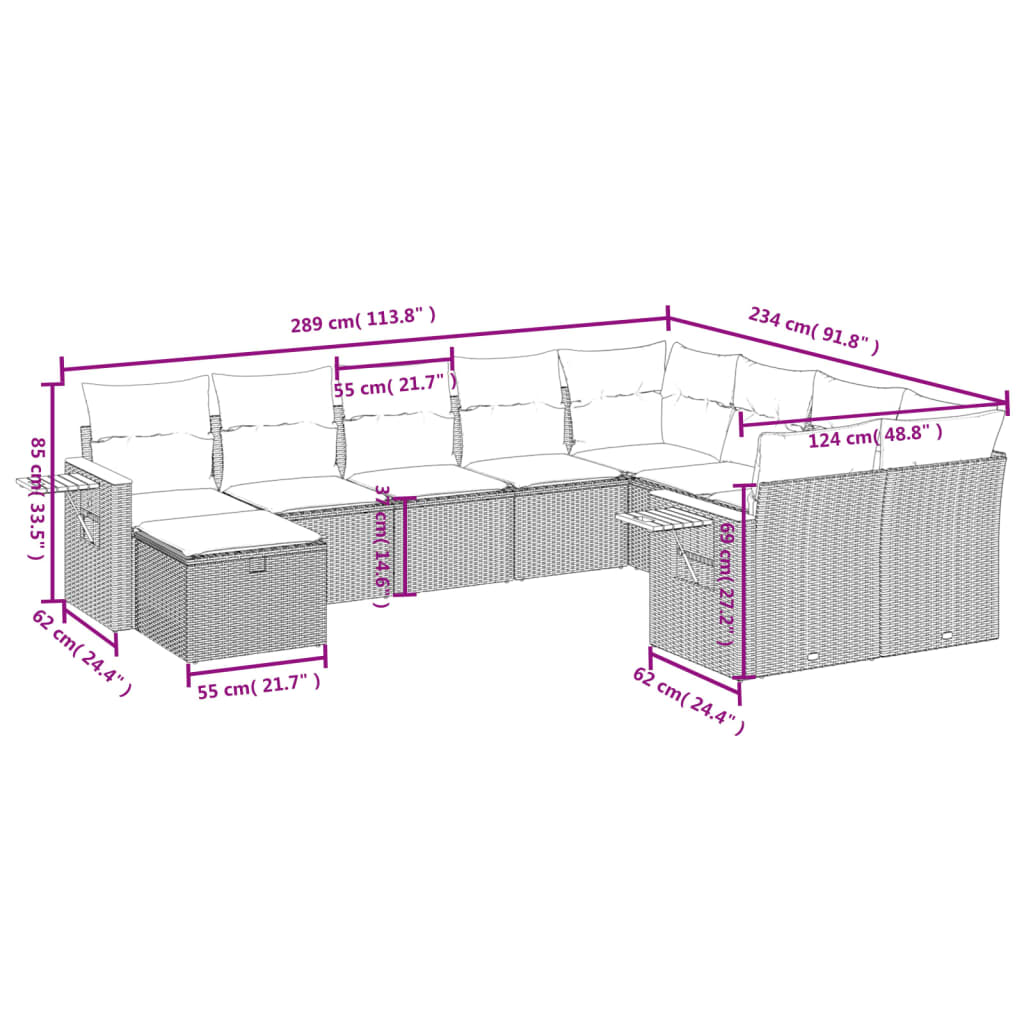 10 pcs conjunto sofás de jardim c/ almofadões vime PE preto