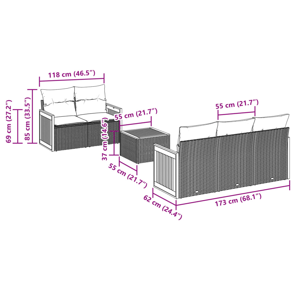 6 pcs conjunto sofás de jardim c/ almofadões vime PE preto