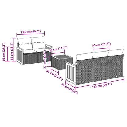 6 pcs conjunto sofás de jardim c/ almofadões vime PE preto