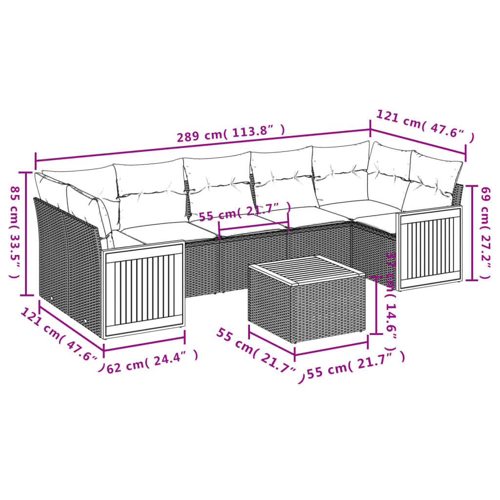 8 pcs conjunto sofás de jardim com almofadões vime PE preto