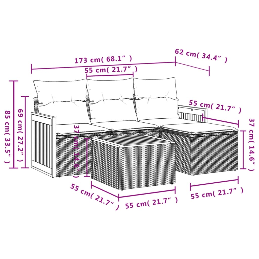 5 pcs conjunto sofás de jardim com almofadões vime PE preto