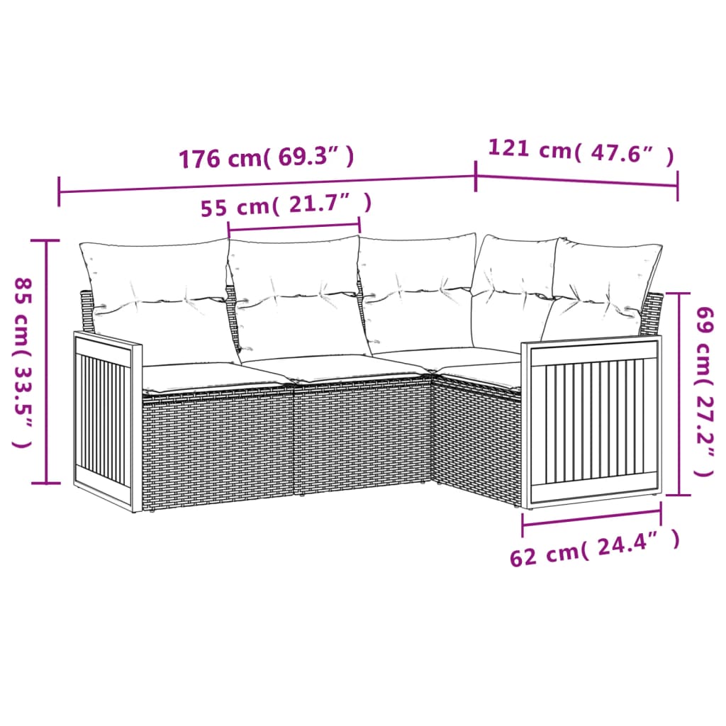 4 pcs conjunto de sofás para jardim c/ almofadões vime PE bege