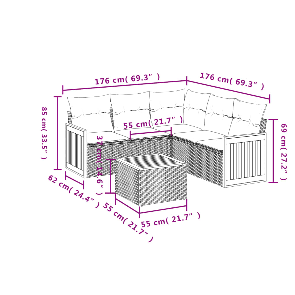 6 pcs conjunto sofás de jardim c/ almofadões vime PE preto