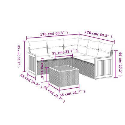 6 pcs conjunto sofás de jardim c/ almofadões vime PE preto