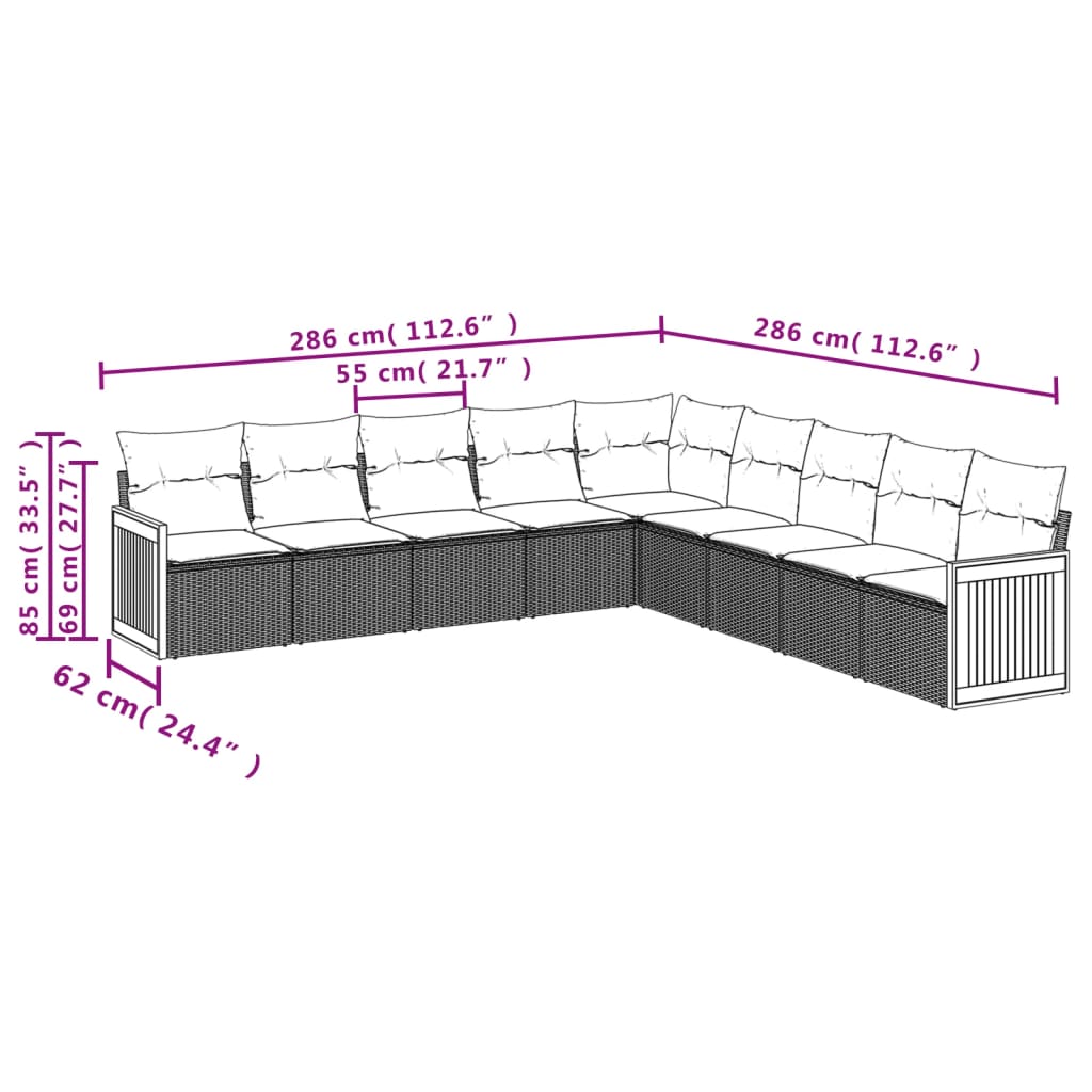 9 pcs conjunto de sofás p/ jardim c/ almofadões vime PE preto