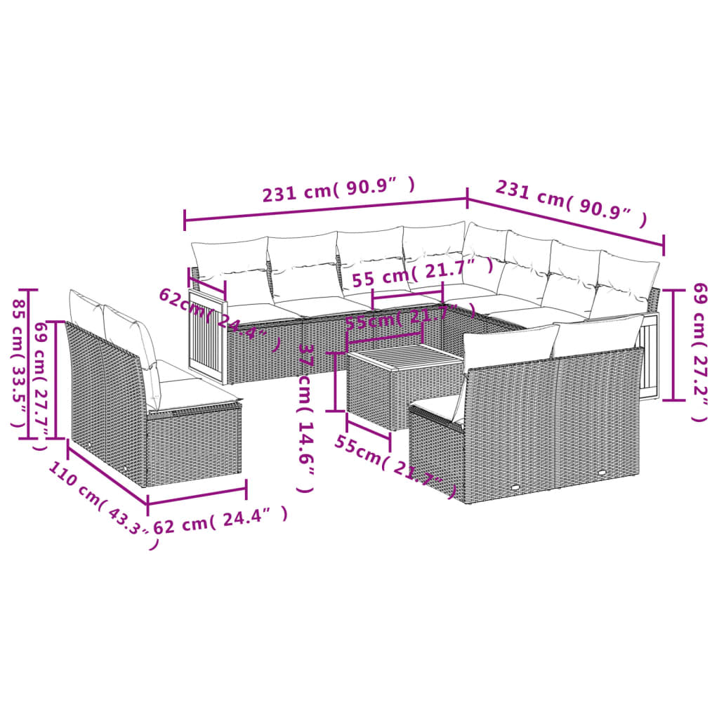 12 pcs conjunto de sofás de jardim c/ almofadões vime PE preto