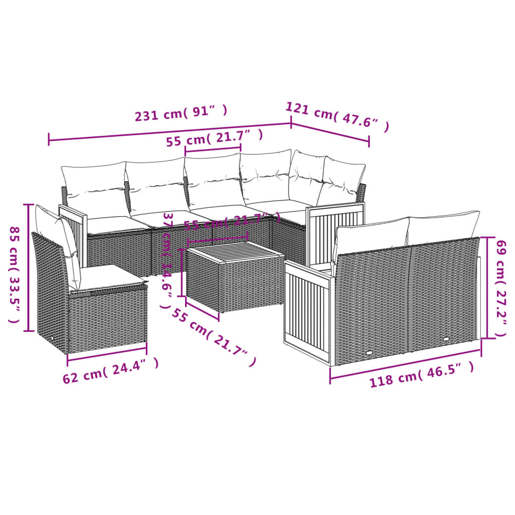 9 pcs conjunto de sofás p/ jardim c/ almofadões vime PE preto