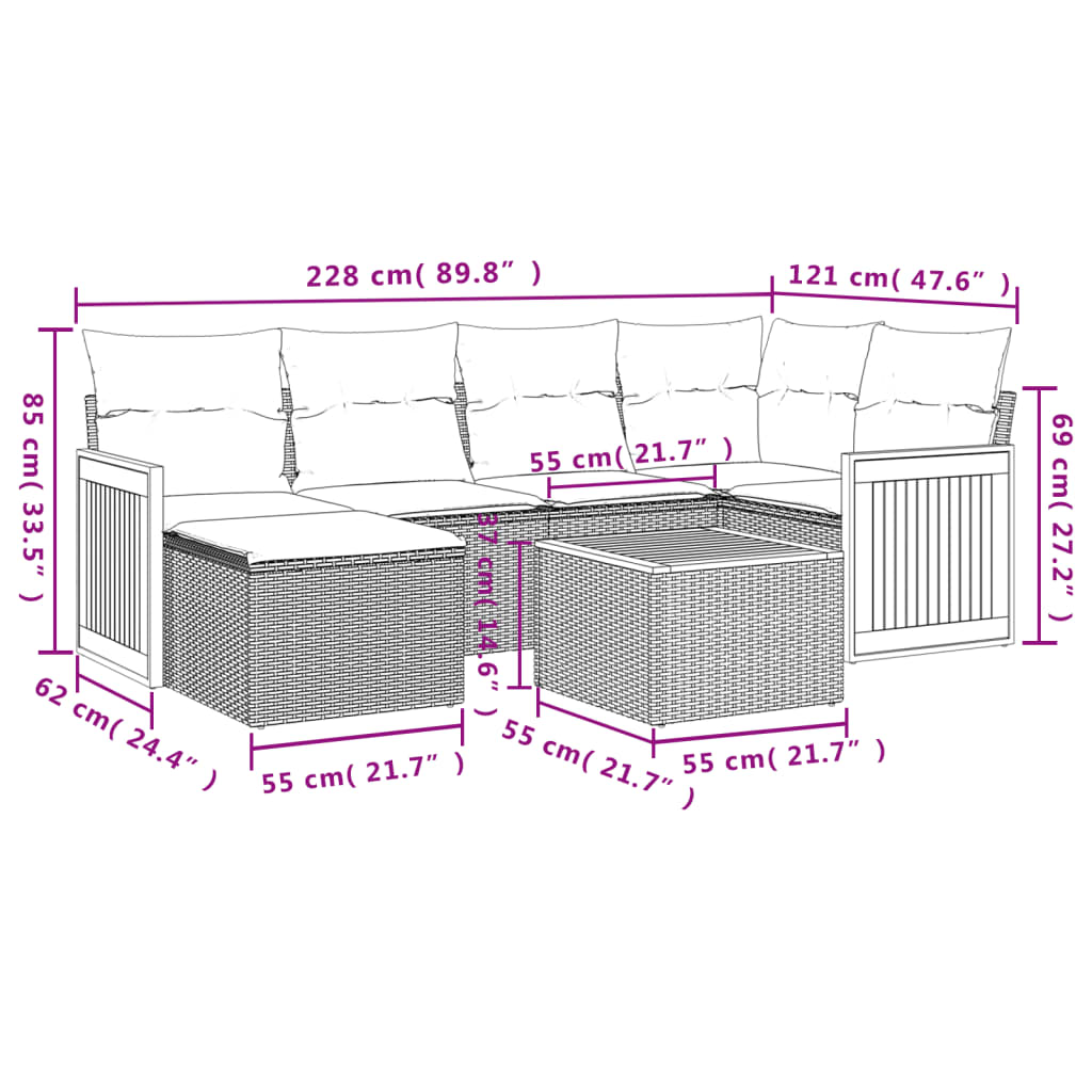 7 pcs conjunto de sofás p/ jardim c/ almofadões vime PE preto