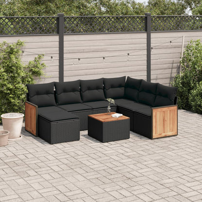 8 pcs conjunto sofás de jardim com almofadões vime PE preto