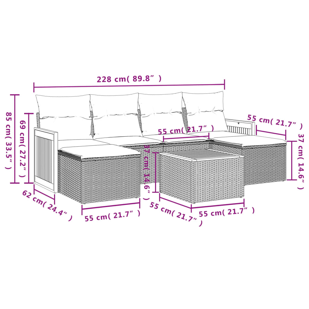 7 pcs conjunto de sofás p/ jardim c/ almofadões vime PE preto