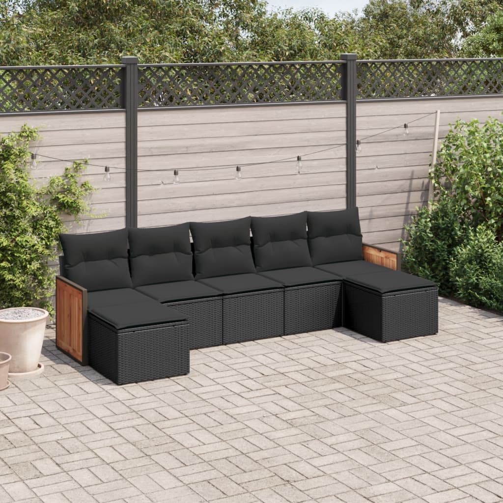 7 pcs conjunto de sofás p/ jardim c/ almofadões vime PE preto